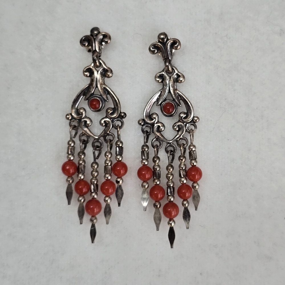 Elegant QT Coral 925 Sterling Silver and Red Dangle Earrings